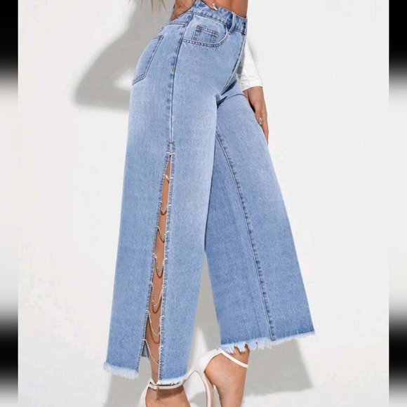 Denim Jeans With Rhinestone Chain Decoration, Split Side Hem And Frayed Bottom - Picture 1 of 5